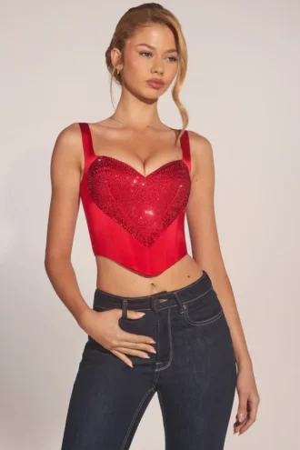 Top a corsetto con scollo a cuore e lacci Allure in rosso rosa