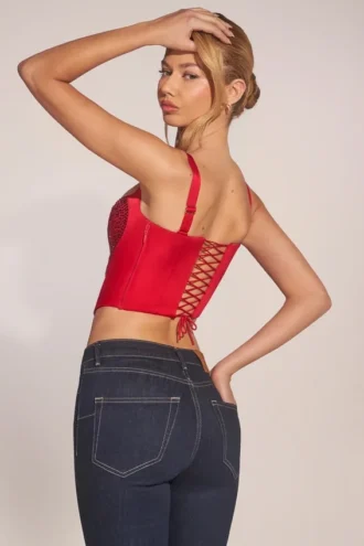 Top a corsetto con scollo a cuore e lacci Allure in rosso rosa