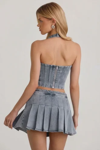 Top a corsetto con scollo all’americana Lotta in azzurro