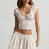 Top a corsetto in popeline di cotone arricciato Faela con stampa di rose