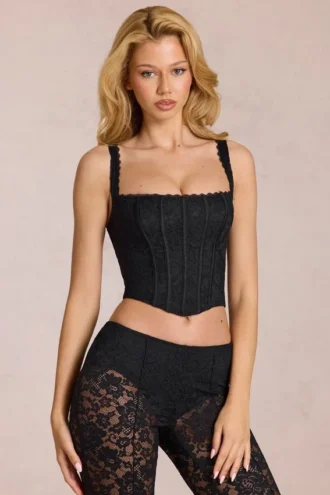 Top a corsetto regolabile con scollo morbido in pizzo Jemara, colore nero