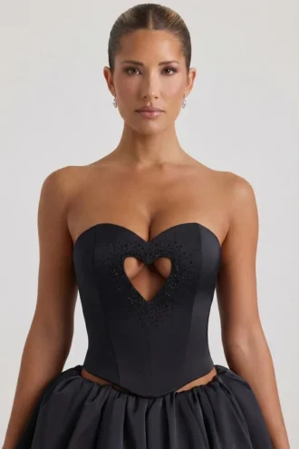 Top a corsetto senza spalline con cut-out a cuore decorato Amora in nero