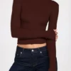 Top a maniche lunghe con arricciature in modal a coste Luisa, color cioccolato Top a maniche lunghe con arricciature in modal a coste Luisa, color cioccolato