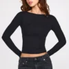 Top a maniche lunghe con arricciature in modal a coste Luisa, nero Top a maniche lunghe con arricciature in modal a coste Luisa, nero