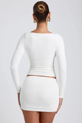 Top a maniche lunghe con arricciature in modal Emry, colore bianco