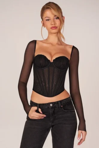 Top a maniche lunghe con corsetto Zella in nero