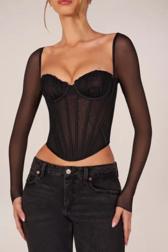 Top a maniche lunghe con corsetto Zella in nero
