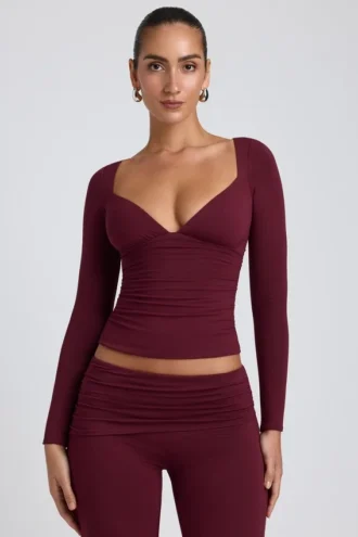 Top a maniche lunghe con ruches Emry in modal color prugna