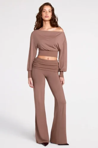 Pantaloni Thea in Modal a vita bassa e gamba dritta in color moka