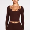 Top a reggiseno con lacci e maniche lunghe in modal a coste Margaux, color cioccolato Top a reggiseno con lacci e maniche lunghe in modal a coste Margaux, color cioccolato