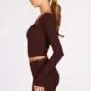 Top a reggiseno con lacci e maniche lunghe in modal a coste Margaux, color cioccolato Top a reggiseno con lacci e maniche lunghe in modal a coste Margaux, color cioccolato