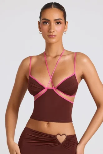 Top a spalline con bordi a contrasto Rocio in marrone cioccolato