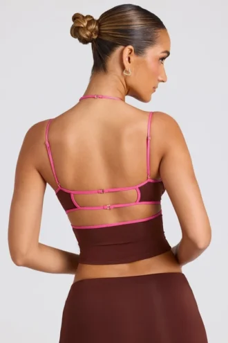 Top a spalline con bordi a contrasto Rocio in marrone cioccolato