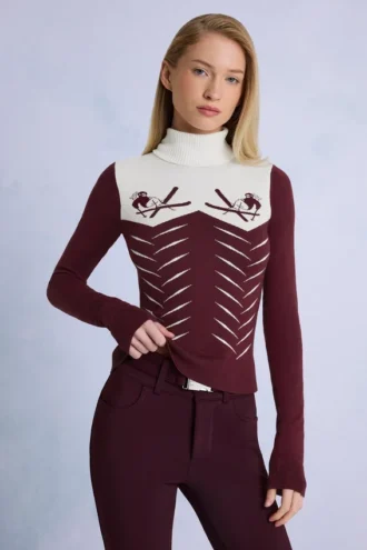 Top aderente a maniche lunghe in maglia color bordeaux