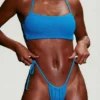 Top bikini con scollo rotondo e spalline in seersucker blu neon