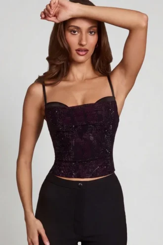 Top con collo a cappuccio e decorazioni Armelia in serpente viola