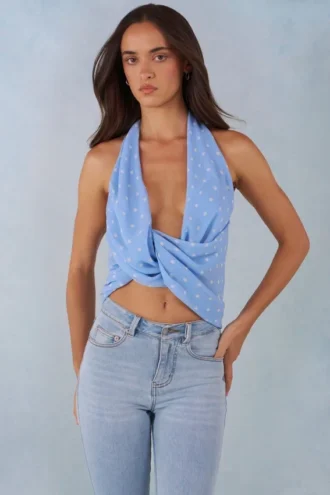 Top con scollo profondo all’americana Maraya con stampa a pois blu