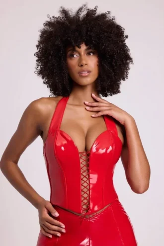 Top corto a corsetto con scollo all’americana e lacci in vinile Ophelia, colore rosso fuoco