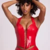 Top corto a corsetto con scollo all’americana e lacci in vinile Ophelia, colore rosso fuoco Top corto a corsetto con scollo all’americana e lacci in vinile Ophelia, colore rosso fuoco