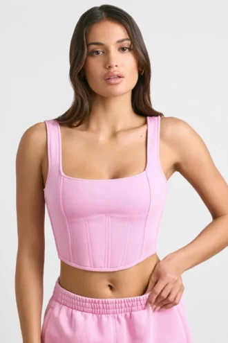 Top corto a corsetto in jersey spazzolato rosa bubblegum