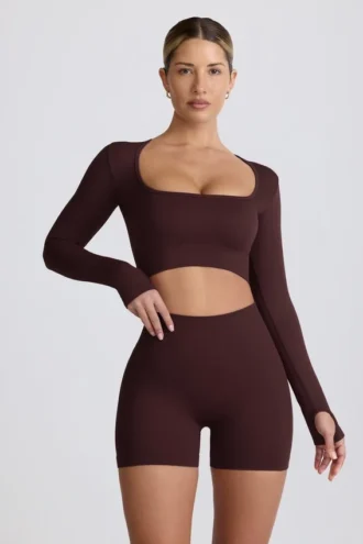 Top corto a maniche lunghe senza cuciture Super Sculpt color cioccolato