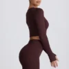 Top corto a maniche lunghe senza cuciture Super Sculpt color cioccolato Top corto a maniche lunghe senza cuciture Super Sculpt color cioccolato