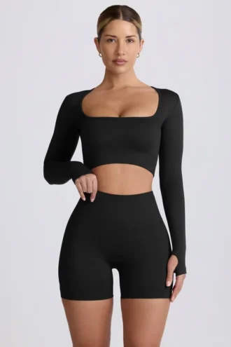 Top corto a maniche lunghe senza cuciture Super Sculpt in nero