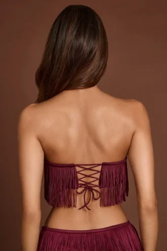 Top corto allacciato con frange Bruma in pizzo color rosso vino