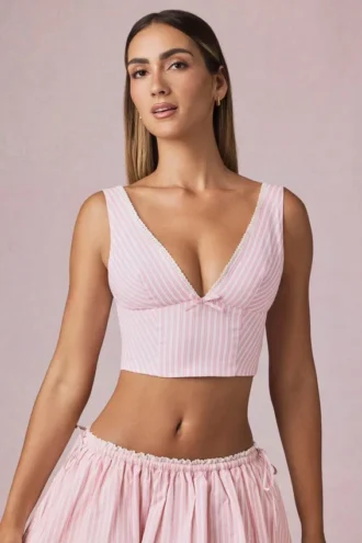Top corto con fiocco Magda a righe color malva chiaro