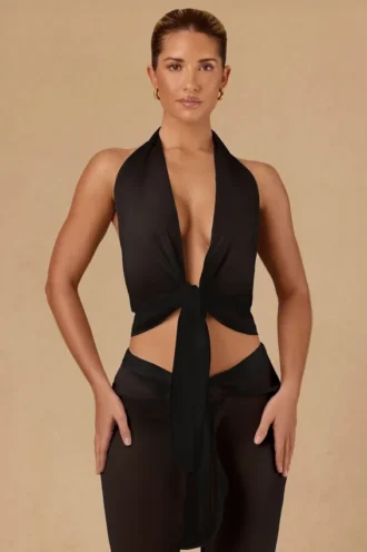 Top corto con scollo all’americana e lacci sul davanti Harbour in nero