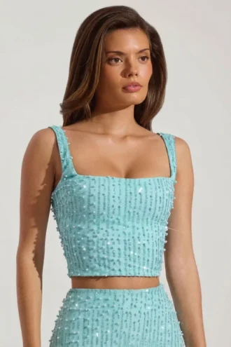 Top corto con scollo quadrato decorato Lirael in blu acquamarina