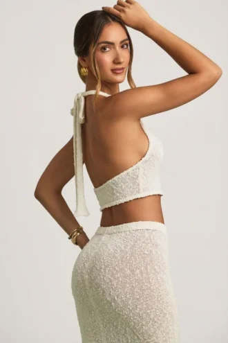 Top corto Gianna Bouclé con scollo all’americana in bianco