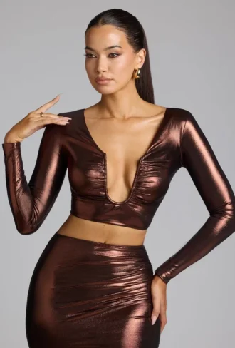Top corto in jersey metallizzato con scollo a V Rana in rame bronzo