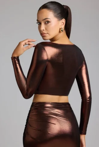 Top corto in jersey metallizzato con scollo a V Rana in rame bronzo