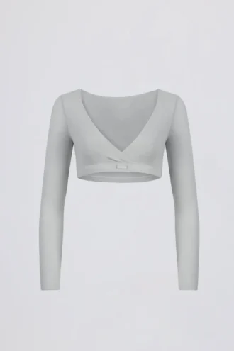 Top corto in jersey spazzolato con scollo a V in grigio nebbia