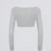 Top corto in jersey spazzolato con scollo a V in grigio nebbia Top corto in jersey spazzolato con scollo a V in grigio nebbia