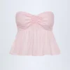 Top corto senza spalline in popeline di cotone con lacci sul davanti Alma a righe rosa e bianche Top corto senza spalline in popeline di cotone con lacci sul davanti Alma a righe rosa e bianche