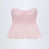 Top corto senza spalline in popeline di cotone con lacci sul davanti Alma a righe rosa e bianche Top corto senza spalline in popeline di cotone con lacci sul davanti Alma a righe rosa e bianche