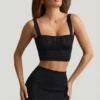 Top corto Yolanda in maglia pointelle, nero Top corto Yolanda in maglia pointelle, nero