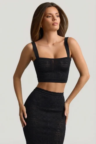 Top corto Yolanda in maglia pointelle, nero