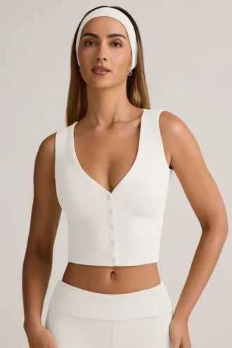 Top gilet con bottoni a costine in modal Lene, bianco