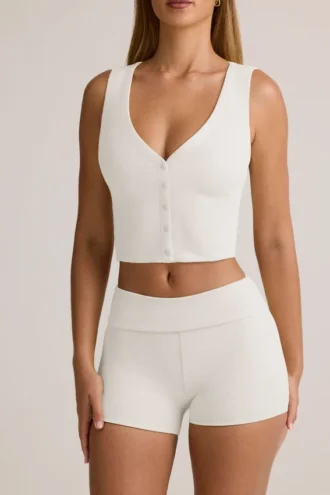 Top gilet con bottoni a costine in modal Lene, bianco