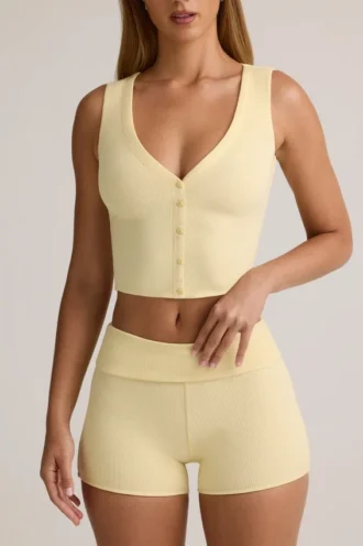 Top gilet con bottoni a costine in modal Lene, colore giallo crema