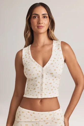 Top gilet con bottoni a costine in modal Lene con stampa floreale