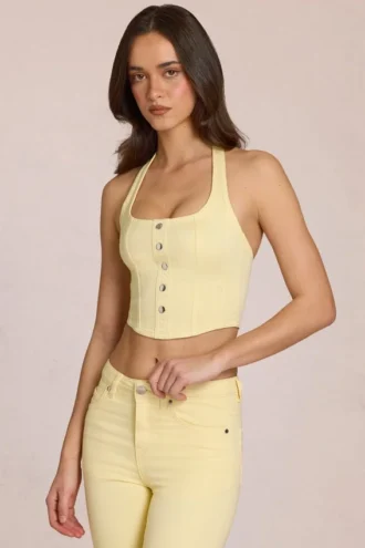 Top in denim Elowis con scollo all’americana e stile corsetto in giallo limone