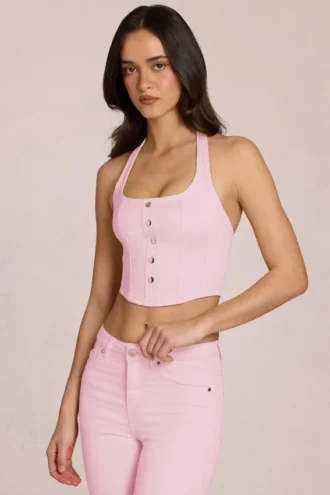 Top in stile corsetto con scollo all’americana in denim Elowis in rosa fiore