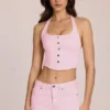 Top in stile corsetto con scollo all’americana in denim Elowis in rosa fiore Top in stile corsetto con scollo all’americana in denim Elowis in rosa fiore