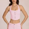 Top in stile corsetto con scollo all’americana in denim Elowis in rosa fiore Top in stile corsetto con scollo all’americana in denim Elowis in rosa fiore