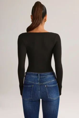 Top Kaia in Modal con scollo quadrato e maniche lunghe, colore nero