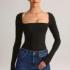 Top Kaia in Modal con scollo quadrato e maniche lunghe, colore nero Top Kaia in Modal con scollo quadrato e maniche lunghe, colore nero